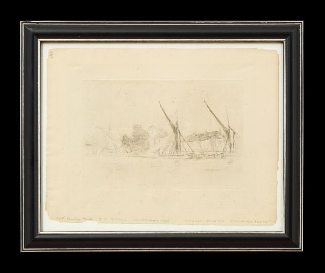 James A. McNeill Whistler (American, 1834-1903): James Abbott McNeill Whistler (American, 1834-1903), "Lindsey House" and "Spaste Shore", pair of etchings, both with graphite notations along the bottom margins, 9-1/2" x 12-1/2". Both glazed and fram