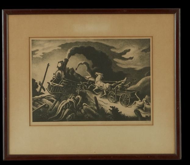 Thomas Hart Benton (American, 1889-1975): Thomas Hart Benton (American, 1889-1975), "Wreck of the Old '97", 1944, lithograph, signed in plate lower right, signed in pencil lower right, AAA Publisher, sight 11" x 15-1/2". Glazed, matted and fr