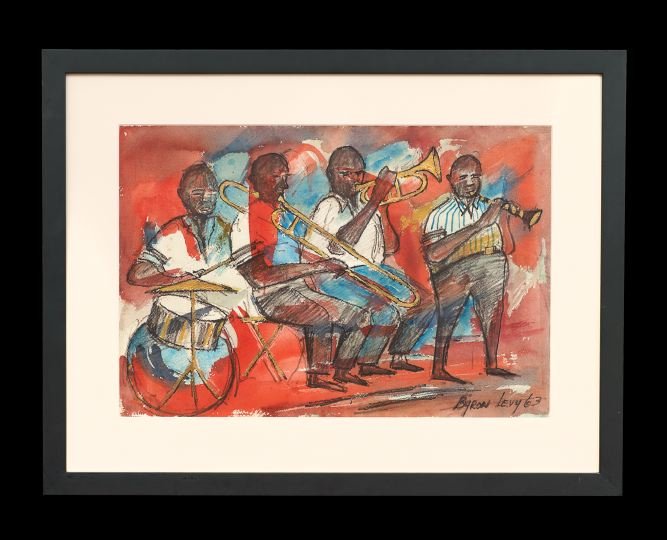 Byron Levy (American/New Orleans, Contemporary): Byron Levy (American/New Orleans, Contemporary), "Jazz Players", 1963, watercolor, ink and gold paint on paper, signed and dated lower right, sight 14-1/2" x 21-1/2". Attractively matted and framed.