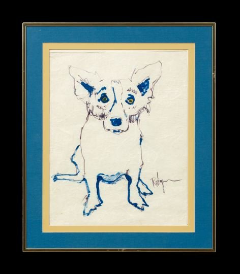 George Rodrigue (American/Louisiana, b. 1944): George Rodrigue (American/Louisiana, b. 1944), "Blue Dog", ink on paper, signed lower right, sight 13-3/4" x 10-3/4". Matted and framed.