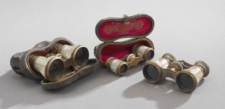 Three Pairs of Mother-of-Pearl Opera Glasses: Collection of Three Pairs of French Mother-of-Pearl Opera Glasses, ca. 1900, the first pair in a dark blue leather case marked "Hazebrouco Ingenieur Opticien 23 Rue de la Paix Paris", the glasses unma
