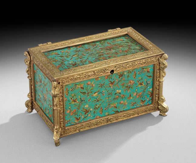 Paper-Decorated Bronze Cigar Case: Paper-Decorated Bronze Cigar Case, fourth quarter 19th century, probably French, the wooden lined box with griffin-molded bronze corners and panels of aesthetic printed paper depicting polychrome bird