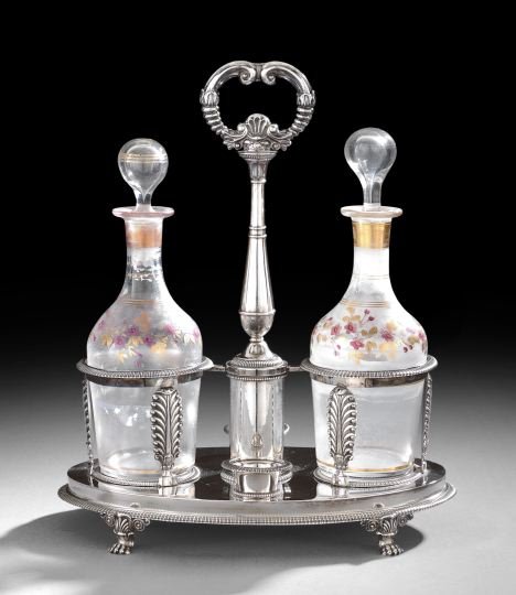 French Restauration .950 Silver Cruet Frame: French Restauration First Standard (.950) Silver Cruet Frame, marked Paris, 1819-1838, by Alexandre Thierry (fl. 1823-1853), of oval form, with a central baluster standard with addorsed scroll rings h