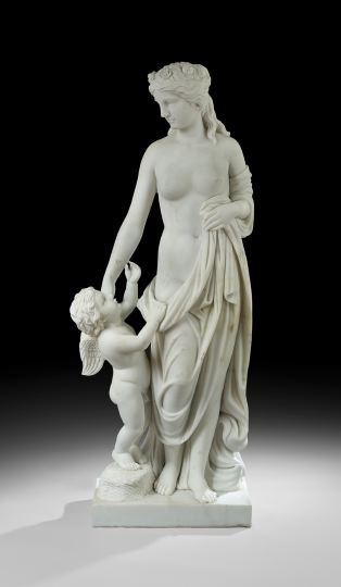 Marble Statue Depicting Venus and Cupid: Classical-Style Carved Marble Statue Depicting Venus and Cupid, the goddess standing en deshabille, clasping her gown in one hand, the other embracing the winged putto, h. 67", w. 28", d. 14-1/2".