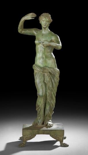 Italian Patinated Iron Figure of Venus: Italian Patinated Iron Figure of Venus, fourth quarter 19th century, in the Pompeian style, raised on winged paw feet, h. 19", w. 7-1/4", d. 5-1/2".