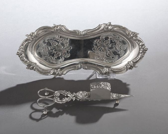 George IV Silver Plated Wick Cutter and Tray: George IV Associated Silver Plated Wick Cutter and Tray, first quarter 19th century, Sheffield, including a close plate wick cutter by Thomas Harwood & Co., l. 7-1/4", and an Old Sheffield plate tray,