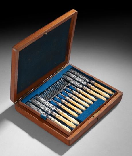 Edwardian Close Plate and Ivory Fish Service: Twelve-Piece Edwardian Close Plate and Ivory Fish Service, first quarter 20th century, by Martin, Hall & Co., Sheffield, including six fish forks, l. 7", and six fish knives, l. 8-1/2", with engraved 