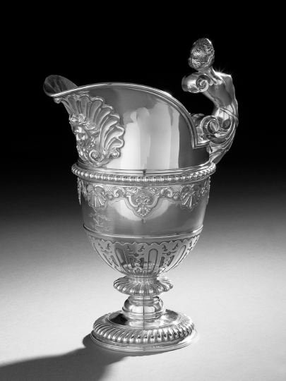 Fine Edwardian Garrard & Co. Sterling Silver Ewer: Fine Edwardian Garrard & Co. Sterling Silver Ewer, hallmarked London, 1901-1902, in the William III Huguenot manner, of helmet form, decorated with applied gadrooned and rocaille bands on the upper ha