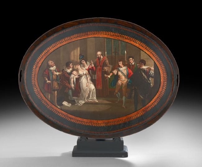 English Regency Polychrome Tole Tea Tray: English Regency Polychrome Tole Tea Tray, first quarter 19th century, decorated with a Shakespearean scene, "Much Ado About Nothing", Act IV, Scene I, after a painting by William Hamilton, after a pri