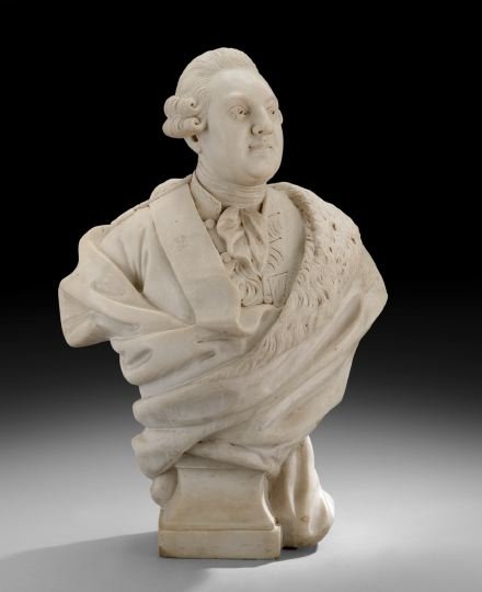 Carved Marble Bust of Louis XVI: Carved Marble Bust of Louis XVI, fourth quarter 19th century, probably Italian, carved on an integral marble socle, the king depicted wearing the order of Saint-Esprit, h. 27-1/2", w. 19", d. 7-1/2".