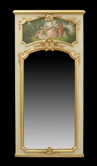 Louis XV/XVI-Style Creme-Peinte Trumeau: Transitional Louis XV-into-Louis XVI-Style Creme-Peinte and Parcel-Gilt Trumeau, the molded cornice above a panel painting of courtiers in a pastoral landscape, the rectangular domed plate beveled and