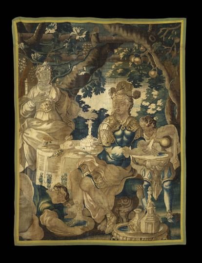 Fine Flemish Tapestry of "Charity": Fine Flemish Tapestry of "Charity", fourth quarter 17th century, from the workshop of Jan Frans Van den Hecke (Flemish, 17th century), the central figures surrounded by lush foliage and detailed archi