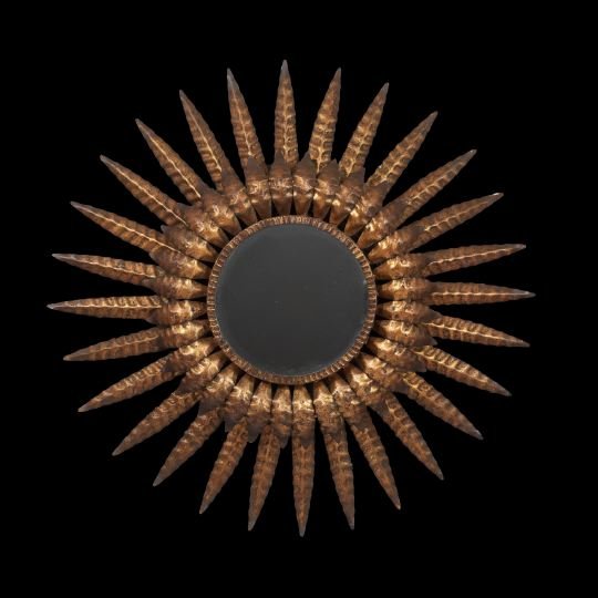 Gilt-Metal Sunburst Mirror: Gilt-Metal Sunburst Mirror, the mirrored rondel center bordered with crimped gilt-metal, the inside ring of curved leaves, overhanging the outside ring of flat leaves, dia. 24".