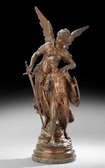 Mathurin Moreau (French, 1822-1912): Mathurin Moreau (French, 1822-1912), "Triomphe de la Jeunesse", bronze, cast signature at base, "E. Colin/Paris" foundry mark, on a gray and white marble plinth, overall height 41-1/2".