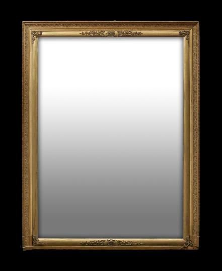 Large Louis-Philippe Overmantel Mirror: Large Louis-Philippe Overmantel Mirror, second quarter 19th century, composed of gilt-brass-mounted carved giltwood and plaster in the neoclassical taste, the crest rail centered with a Medusa masque