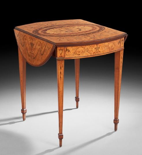 Edwardian Satinwood Pembroke Table: Edwardian Satinwood Pembroke Table, late 19th century, in the Adam taste, the rounded top with two drop leaves, the whole elaborately inlaid in various scrolling and classical patterns, above a confor