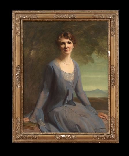 Frank O. Salisbury (British, 1874-1962): Frank O. Salisbury (British, 1874-1962), "Portrait of Mrs. Harris Elliott Kirk", 1931, oil on canvas, signed and dated lower right, 44" x 34". Presented in a period gessoed and giltwood frame. Mrs. Ki