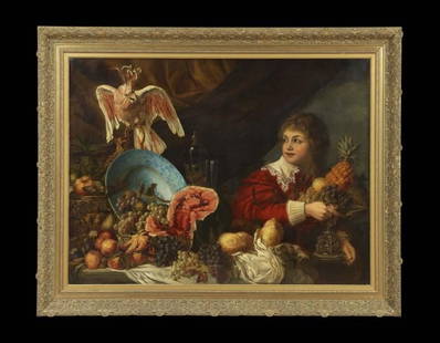 Manner of Maximilian Pfeiler (German, 1656-1746): Manner of Maximilian Pfeiler (German, 1656-1746), "A Boy Standing Next to a Draped Table with a Cockatoo", oil on canvas, 36" x 49". Framed. Provenance: Dixon & Dixon, New Orleans, Louisiana. The acco