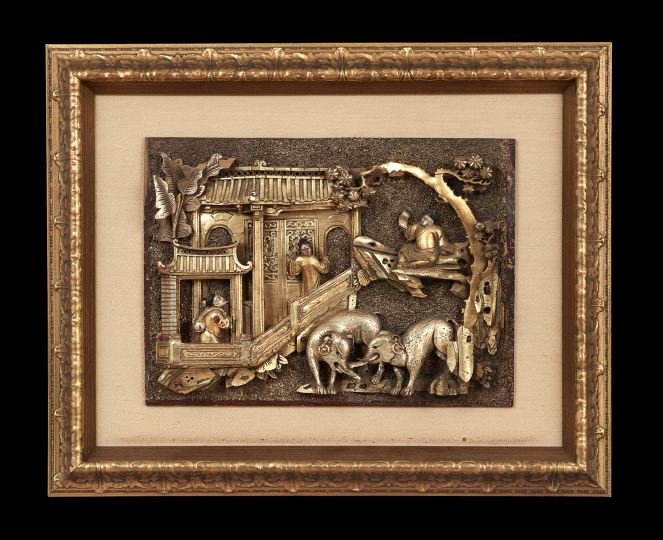 Four Chinese Architectural Panels: Four Chinese Architectural Panels, late 19th/early 20th century, carved and pierced with scenes of figures in gardens, the surfaces gilt and lacquered, framed, h. 9-1/2", w. 13".