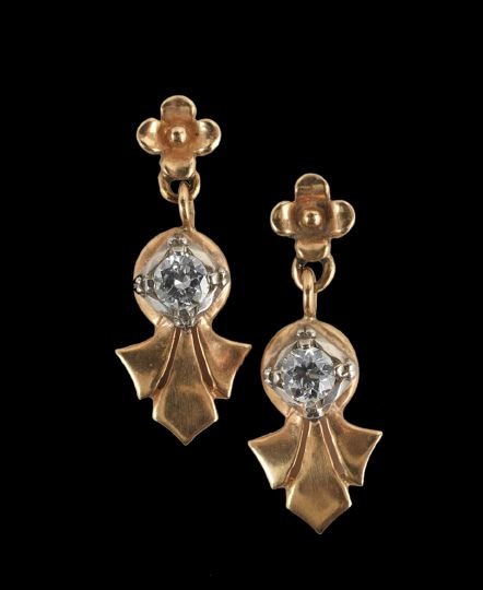 Pair of 10 Kt. Gold and Diamond Dangle Earrings: Pair of Vintage Ten-Karat Yellow Gold and Diamond Dangle Earrings, each screw-back earring with a European round-cut diamond, H-I color, VS2-Sl clarity, with a total approximate weight of 0.50 carats,