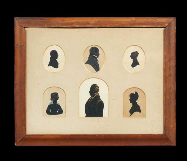 Collection of Six English or American Silhouettes: Collection of Six English or American Silhouettes, second quarter 19th century, the bottom row, left to right, depicting a little girl with gilt detail and a lace collar, a hollow-cut gentleman with g