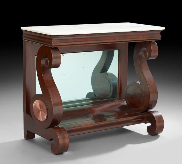 American Late Classical Mahogany Pier Table: American Late Classical Mahogany Pier Table, ca. 1900, the marble top over a conforming molded frieze on S-scroll supports, each with an ovoid sunburst-upholstered panel, cyma-carved low shelf and scr