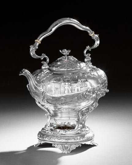 Tiffany & Co. Silver Chinoiserie Kettle-on-Stand: Early Tiffany & Co. Sterling Silver Chinoiserie Kettle-on-Stand, third quarter 19th century, by John C. Moore & Son, New York, of flattened spherical form, decorated with a wide band of repousse pagod