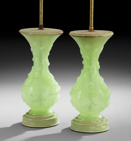 Pair of Chartreuse-Colored Molded Glass Vases: Pair of Chartreuse-Colored Molded Glass Vases, fourth quarter 19th century, probably French, now mounted as lamps, decorated with morning glories, and now fitted with wooden bases and caps, base, h. 1