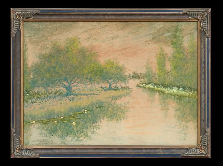 Alexander J. Drysdale (U.S./Louisiana, 1870-1934): Alexander John Drysdale (American/Louisiana, 1870-1934), "Louisiana Bayou with Water Lilies", oil wash on board, signed lower left "A. J. Drysdale", sight 19" x 27". Glazed and presented in a period f