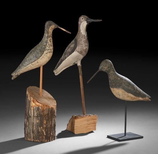 Collection of Three American Shorebird Decoys: Collection of Three American Shorebird Decoys, probably 20th century, all in old paint, the first example mounted on a vertical log plinth, with a black and white speckled body, h. 16-1/4", w. 7-1/2";