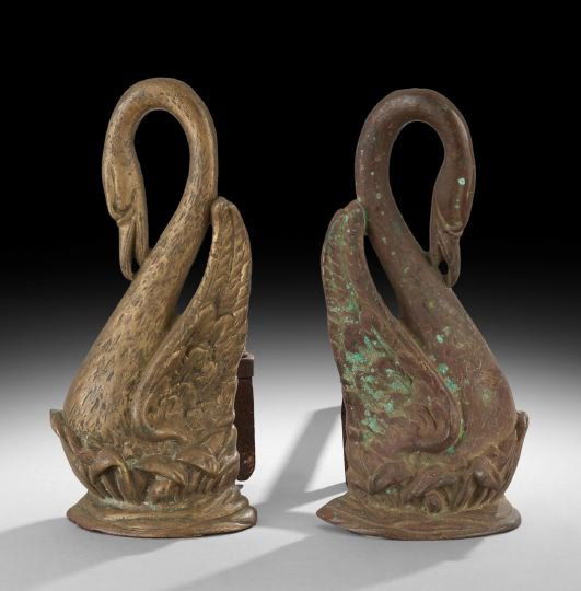 Pair of American Swan-Form Brass Andirons: Pair of American Swan-Form Brass Andirons, ca. 1900, New York, the left and right andirons with brass-clad billet bar covers, signed "Sheffield New York" on the iron billet bars, h. 14", w. 6", d. 19"