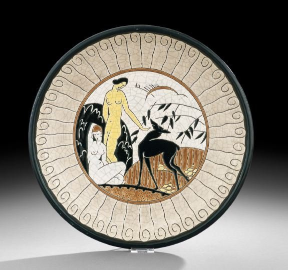 Longwy Pottery French Art Deco Charger: Longwy Pottery French Art Deco Charger, second quarter 19th century, the center panel depicting two nude females and a fawn, marked "Primavera, Longwy, France", made for sale in the Primavera atelier 