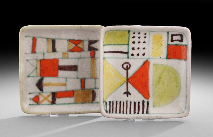 Guido Gambone (Italian, 1909-1969): Guido Gambone (Italian, 1909-1969), two similar mid-century pottery dishes, each utilizing a distinctive orange in a geometric decoration, and signed with his donkey mark and "Gambone, Italy", w. 5",
