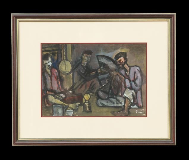 Bui Xuan Phai (Vietnamese, 1920-1988): Bui Xuan Phai (Vietnamese, 1920-1988), "Musicians", oil on paper, signed and dated lower right "Phai 67", sight 12" x 17". Glazed, matted and framed.