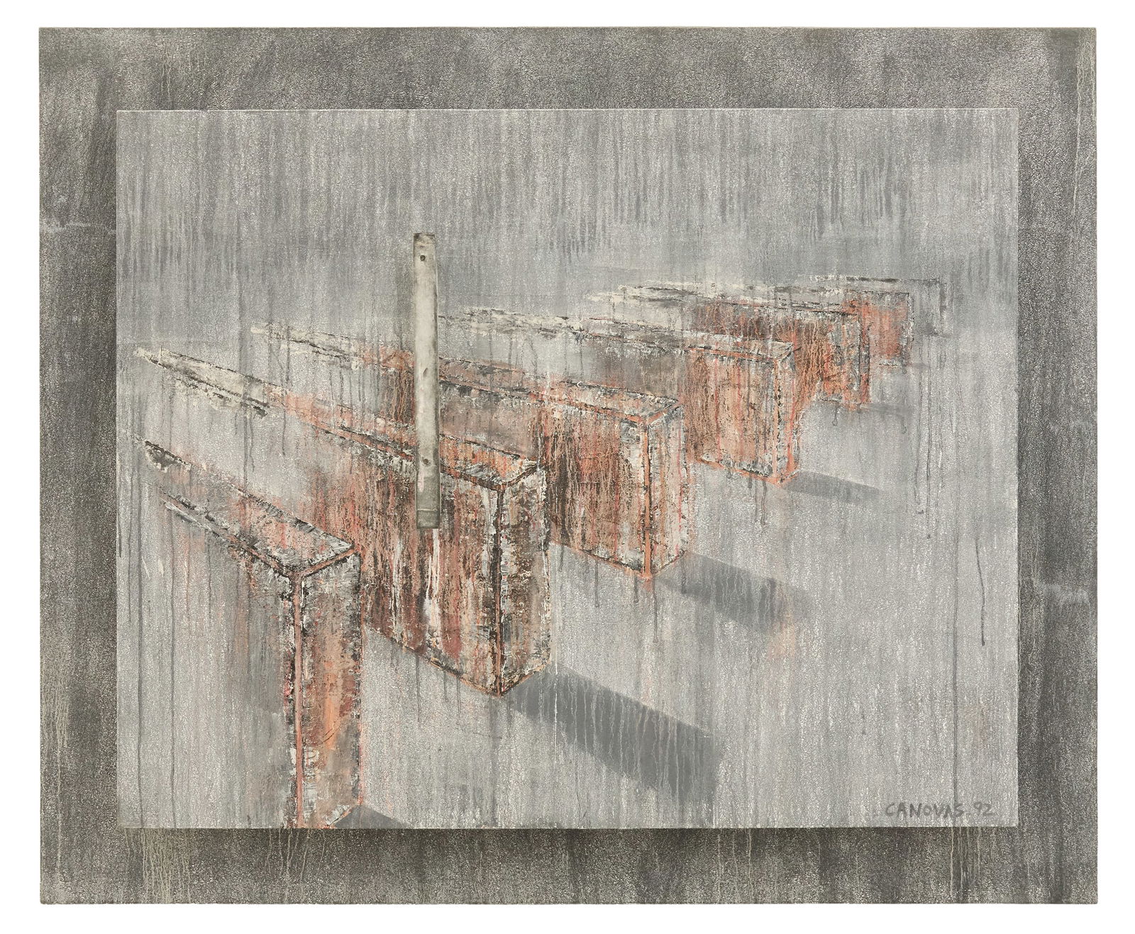 Fernando Canovas (Argentinian, b. 1960): Fernando Canovas(Argentinian, b. 1960)"The Seven Branches", 1992mixed media on canvas assemblagesigned and dated lower right, signed and dated en verso.Framed.h. 76", w. 94", d. 5-1/4" Provenance