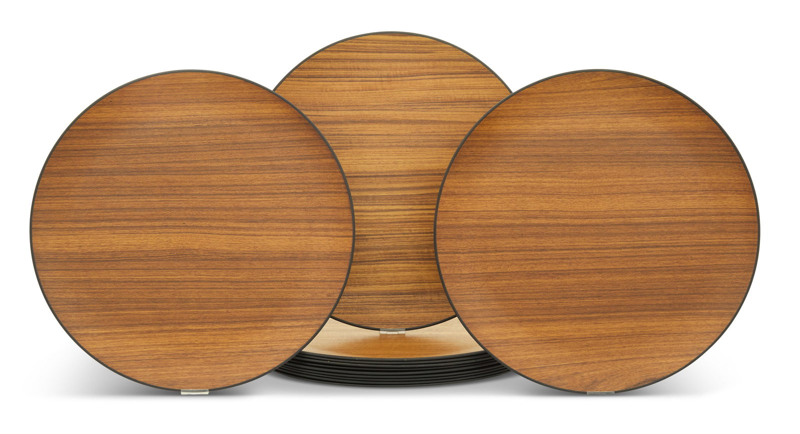 Set of Twelve "Teak" Laminate Chargers: Set of Twelve "Teak" Laminate Chargers 20th century, the chargers with black backs and labeled by Otagiri Mercantile Co., Japan. dia. 18" Provenance: Private collection, New Orleans, Louisiana.
