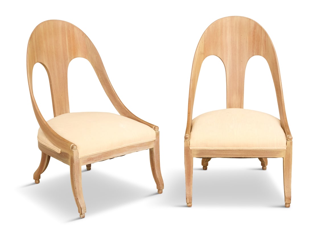 Niermann Weeks Attributed "Marsan" Chairs: Niermann Weeks Attributed "Marsan" Chairsthe limed hardwood chairs inspired by Restauration chaises en gondole, with sabre legs and upholstered seats, the front corners with sphere decoration.h. 35-1/