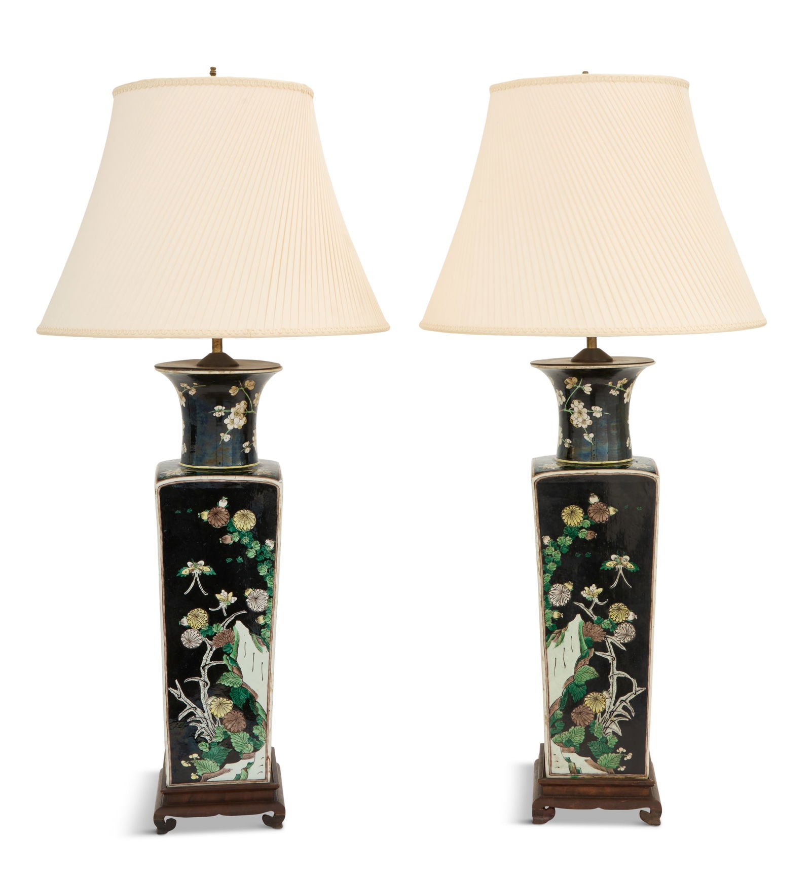 Pair of Chinese Export Porcelain Vase Lamps: Pair of Chinese Export Porcelain Vase Lamps19th century, the tapered vases decorated with flowers and butterflies on a black ground, fitted with lampshades.h. 34", dia. 15" Provenance: Gracie, New Yor