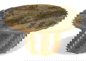 Philip and Kelvin LaVerne "Chan" Coffee Table: Philip and Kelvin LaVerne "Chan" Coffee Tableca. 1969, the banded edge "Chan" top having a scenic landscape of acid-etched, patinated and enameled brass, bronze and pewter and raised on an octagonal a