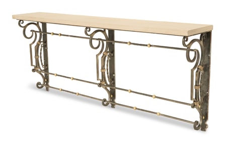 Iron, Brass and Travertine-Top Console Table