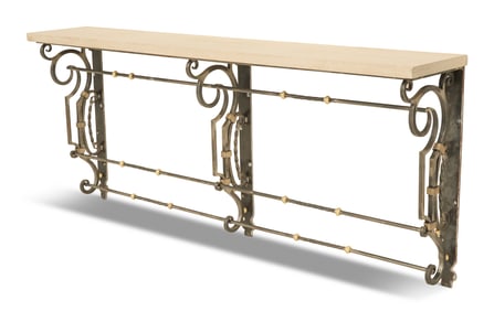 Iron, Brass and Travertine-Top Console Table