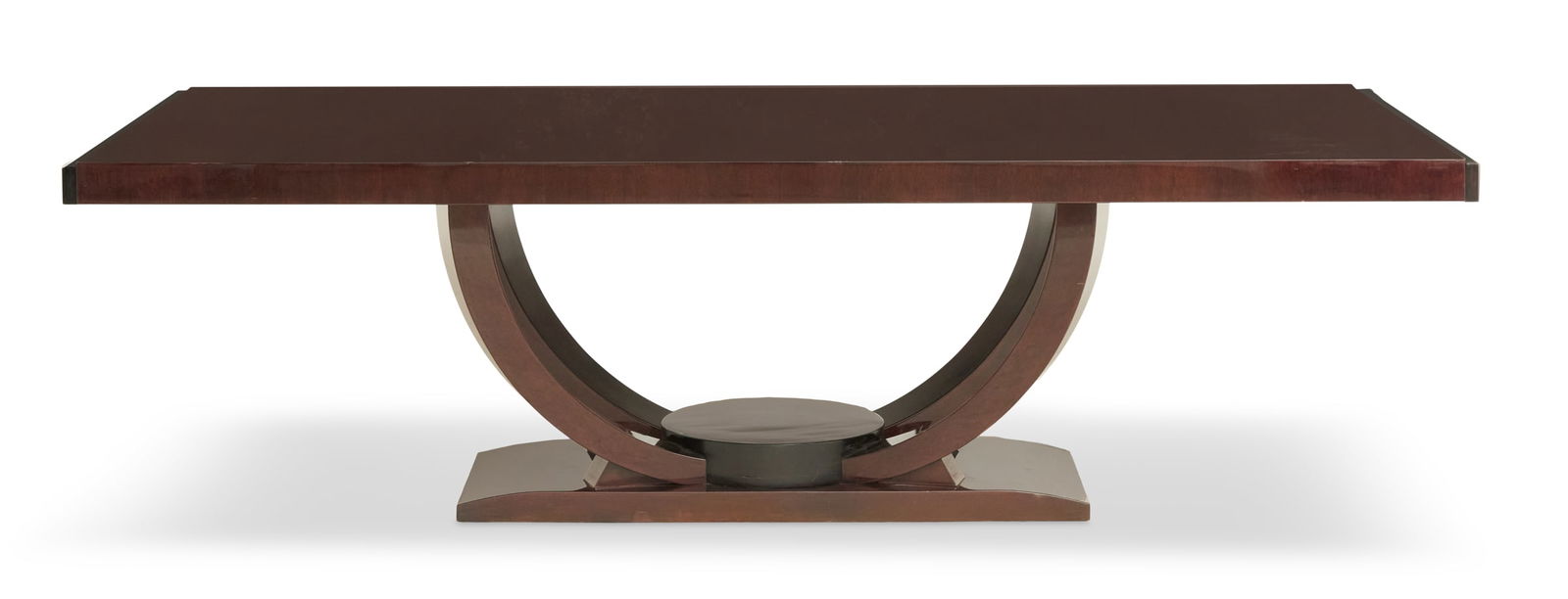 Art Deco-Style Karl Springer Dining Table: Art Deco-Style Karl Springer Extension Dining Tableca. 1990, the rectangular mahogany table with pull-out supports for an additional 20" leaf at each end, supported by a base with four curved standard