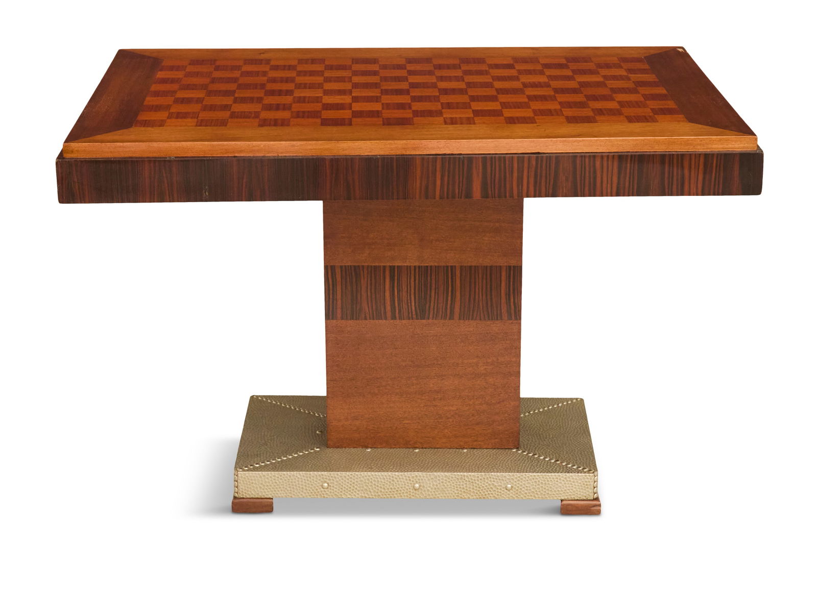 De Coene Freres Art Deco Center Table: De Coene Freres Art Deco Center Tableca. 1930s, Belgian, the macassar ebony and mahogany oblong table with a parquetry top and a stepped skirt veneered with macassar ebony and a bleached hardwood, sup