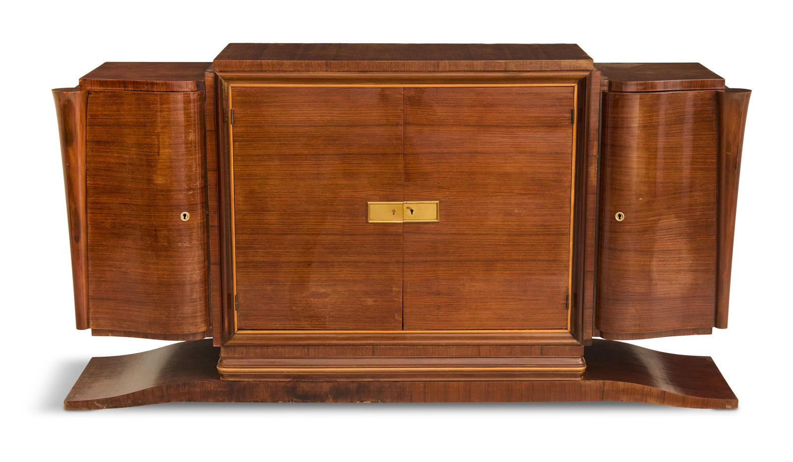 French Art Deco Server: French Art Deco Serverca. 1930, in the manner of Jules Leleu, veneered in palisander wood, the center section with two doors lined with boxwood beading, flanked by side cabinets with ogee-form doors a