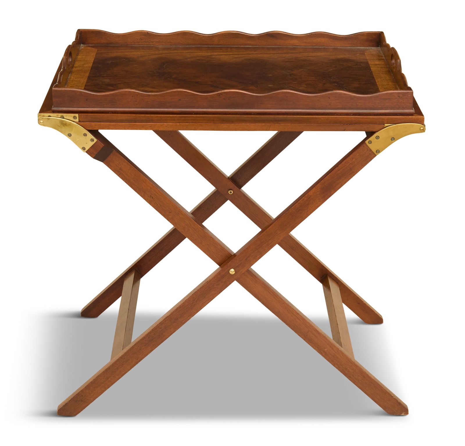 Baker Mahogany Extending Butler's Tray: Baker Mahogany Extending Butler's Traythe removable cross-banded tray with pierced handles and supported on a top, opening to expand on each side with a removable leg, labeled on each end.h. 29", w. 2