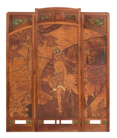 Art Deco Walnut and Leather Three-Panel Screen