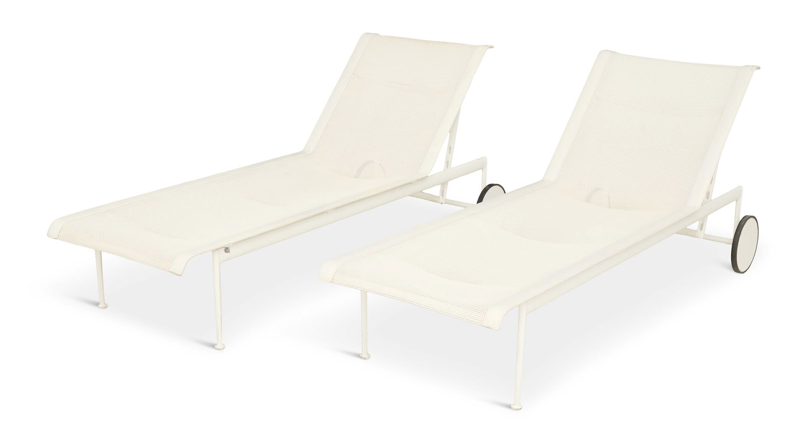Pair of Knoll “1966 Collection" Chaise Lounges: Pair of Knoll “1966 Collection” Chaise Loungesca. 1990s-2012, designed and labeled by Richard Schultz, the seats and backs set with white leather-trimmed mesh, on casters, with adjustable back