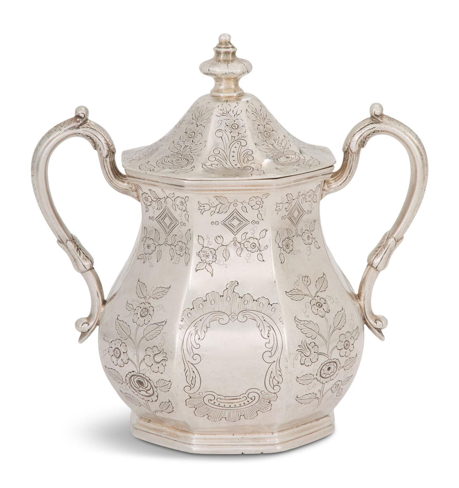 New York Coin Silver Covered Sugar Bowl: New York Coin Silver Covered Sugar Bowlsecond quarter 19th century, by William Adams (1801-1861), New York, New York, of octagonally paneled baluster form, with arched, crested and acanthus-mounted sc