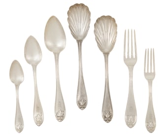 Set of "Leaf & Shell" Coin Silver Flatware