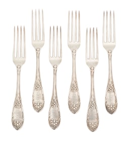 Six "Lily" Coin Silver Dinner Forks